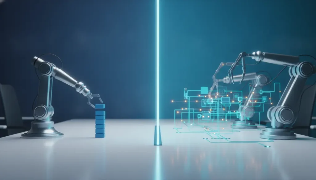 Robotic arms interacting with digital display and stacking cubes on white table in futuristic setting