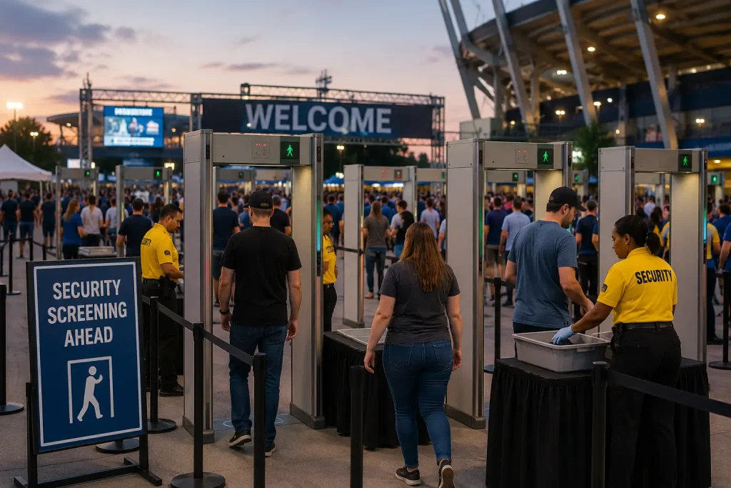 Crowd passing through security screening gates outdoors near stadium entrance at dusk