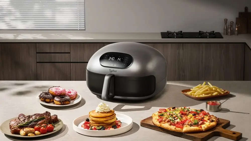 Modern digital air fryer on kitchen counter surrounded by pizza, fries, steak, pancakes, and donuts