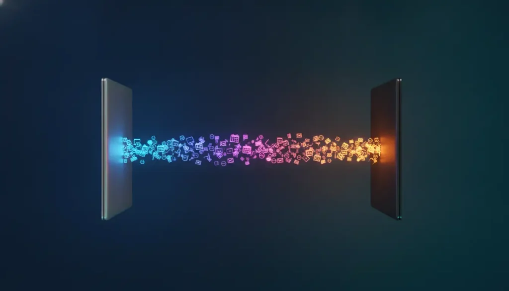 Two smartphones exchanging colorful digital icons in dark space, symbolizing data transfer
