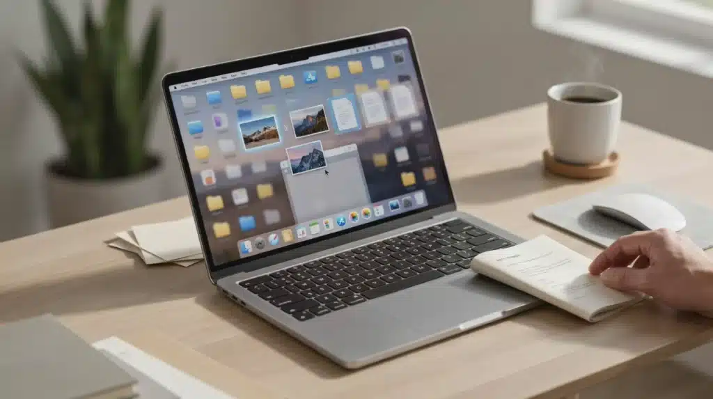 laptop showing file transfer and document organization workflow on a modern desk with copy and paste actions