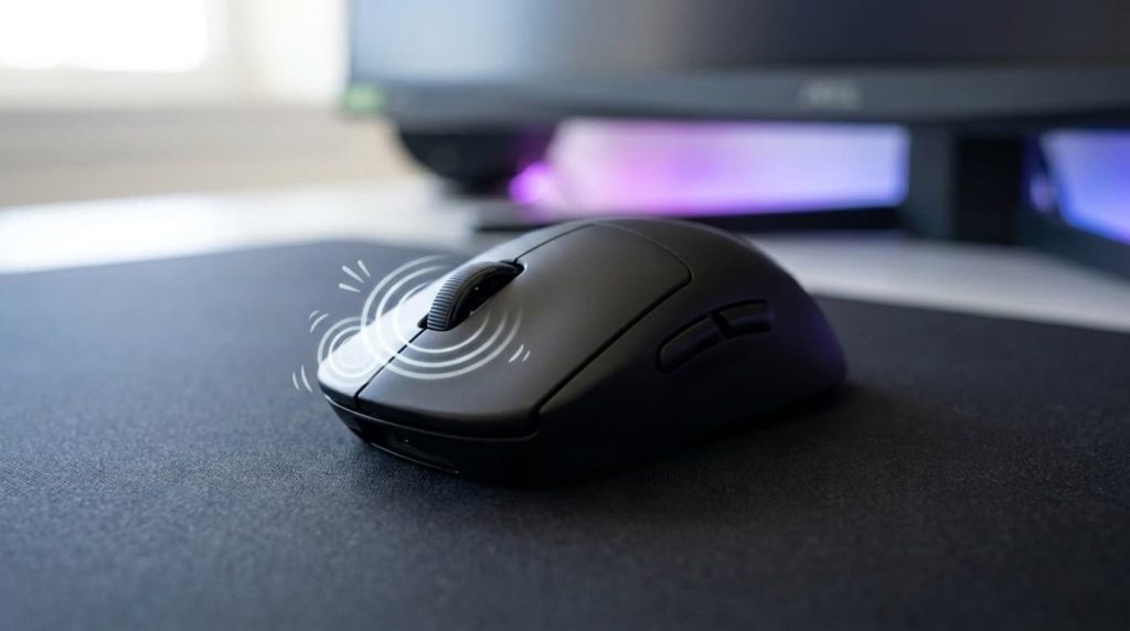 modern computer mouse showing double clicking fix concept with click waves on clean desk setup