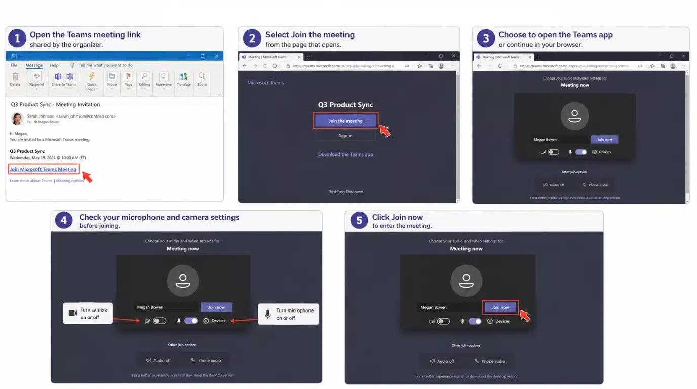 how to join a teams meeting through link with email invite browser audio video settings and join now