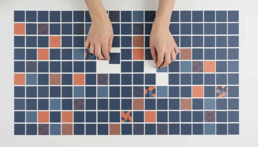 Hands arranging blue and orange pattern tiles on white table surface