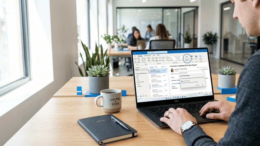 Laptop showing Outlook email recall option with a professional workspace and email management interface