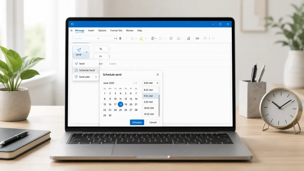 laptop displaying outlook schedule send settings with a calendar and clock on a clean modern desk