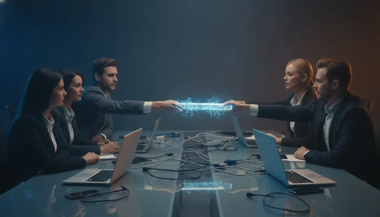 Businesspeople in a dark meeting room exchanging a digital glowing hologram across table of laptops