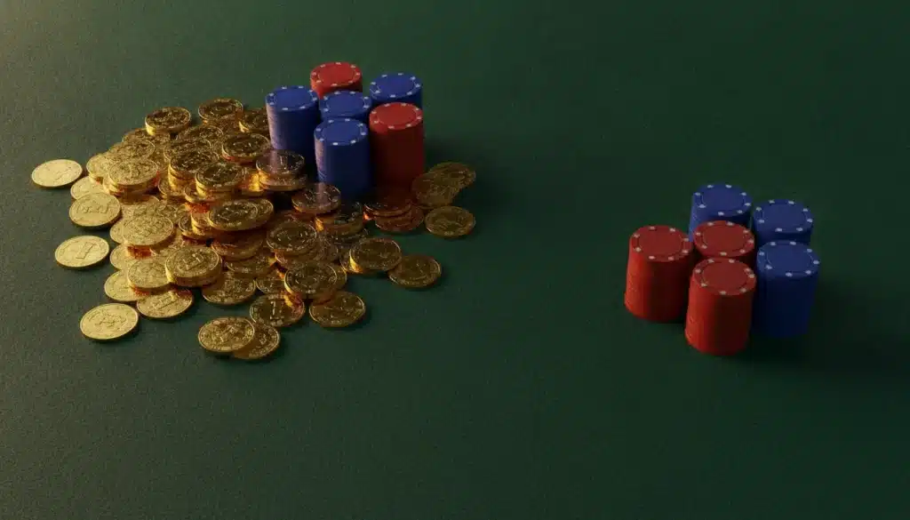 Poker chips and gold coins on green felt table surface