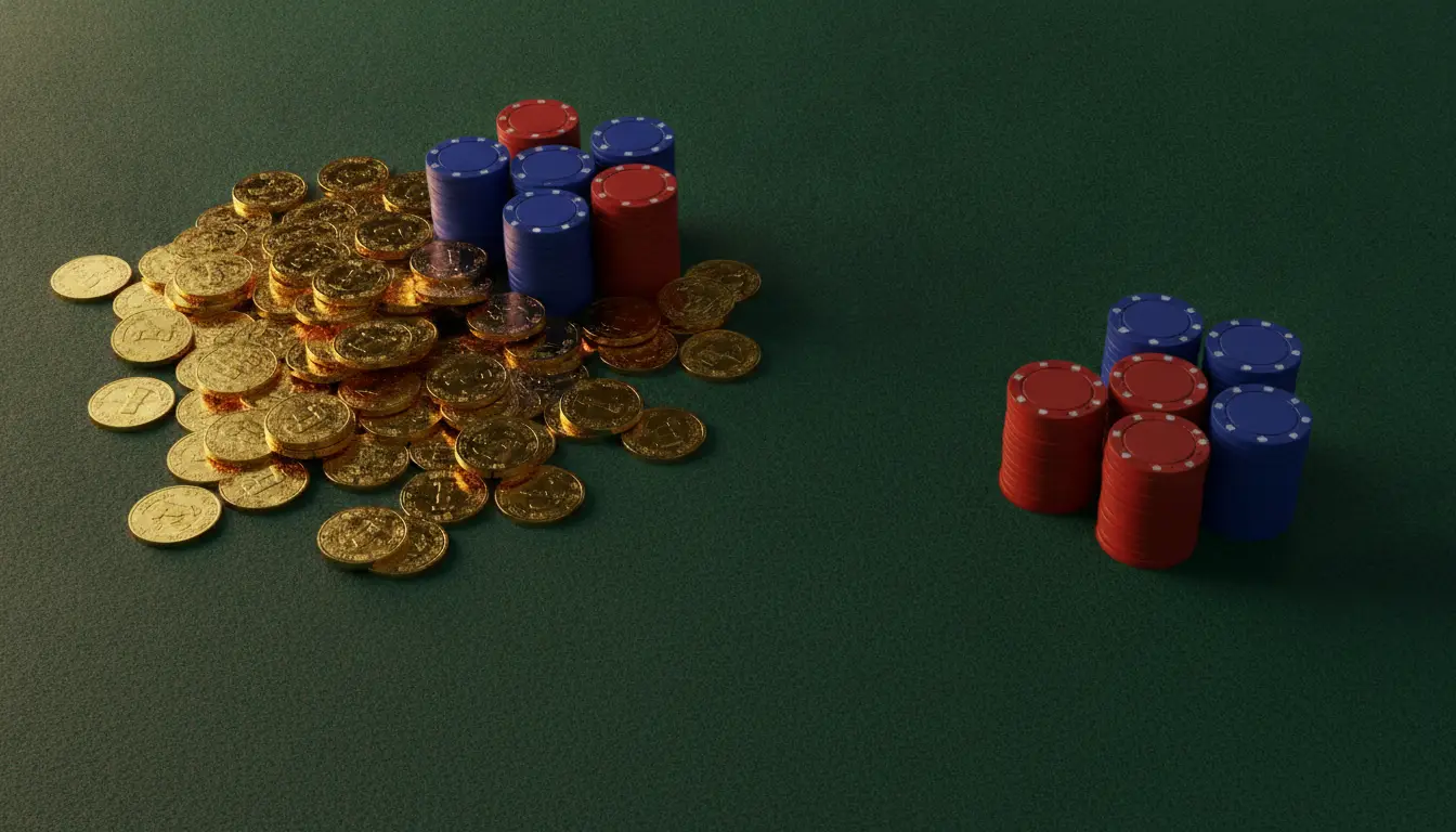 Poker chips and gold coins on green felt table surface