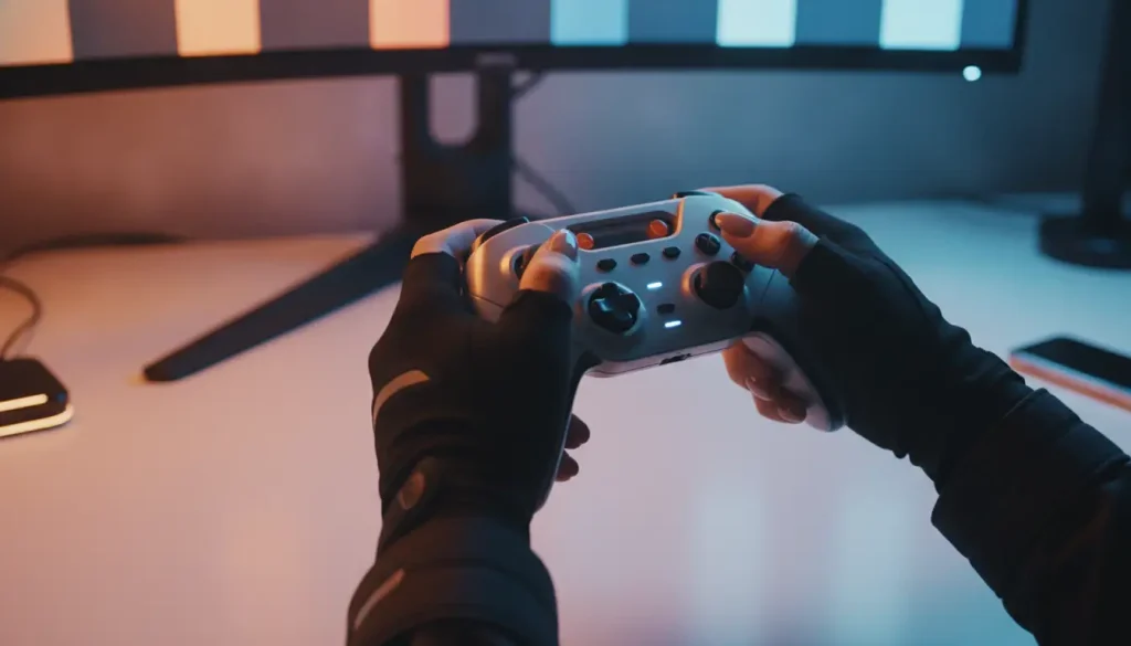 Person wearing gloves playing video game with controller in dimly lit room