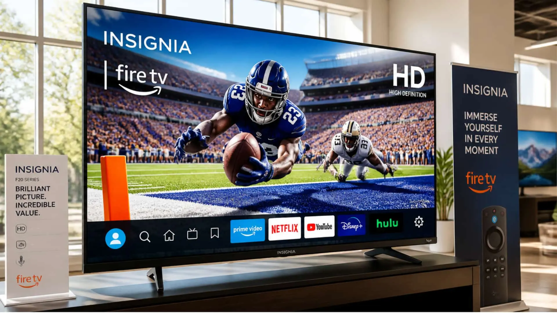 insignia fire tv displaying football game with streaming apps on screen in modern living room setup