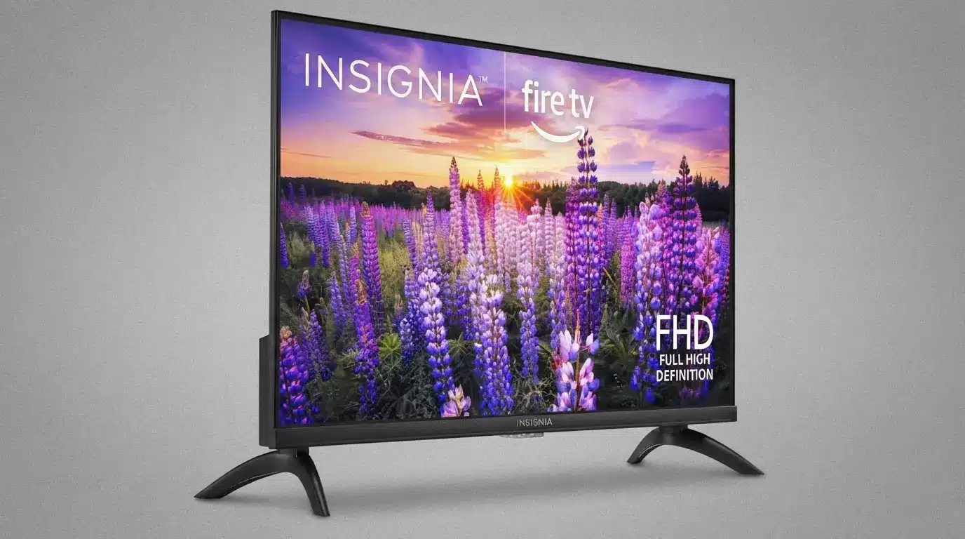 insignia fire tv showing full hd display with colorful flowers on screen and black television design