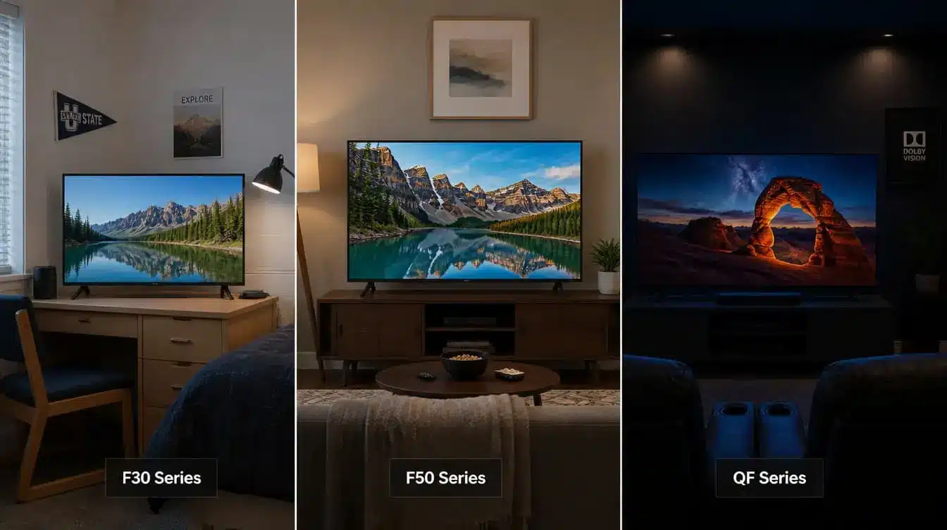 insignia tv series comparison showing f20 f50 and qf models with different screen displays in home settings