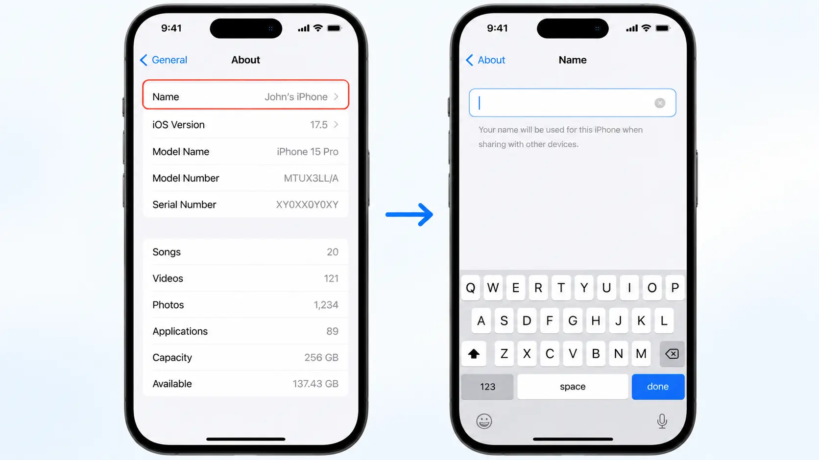 iphone about screen showing name option and empty name field for renaming device