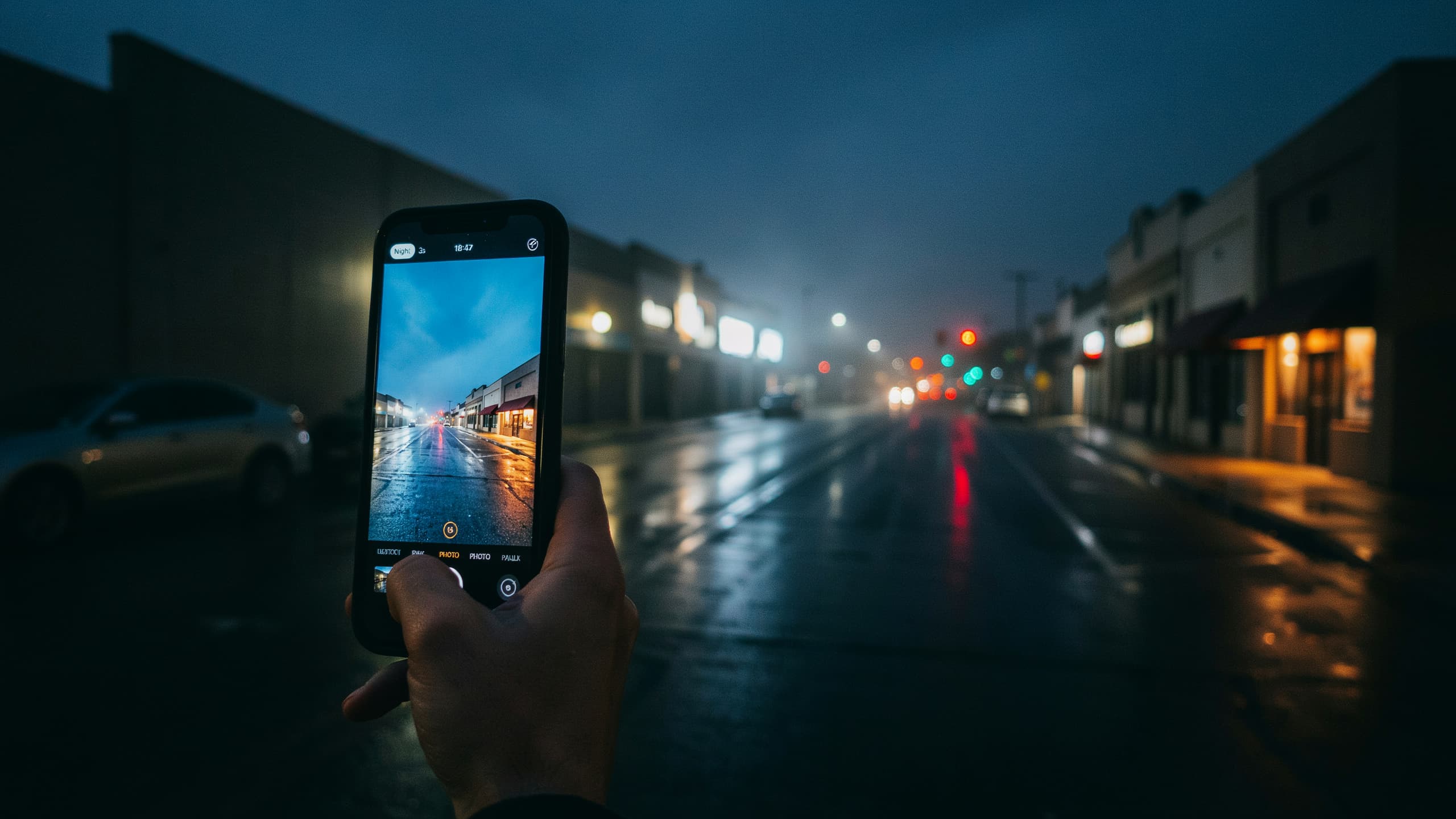 iphone camera interface showing night mode capturing a detailed city photo in low light