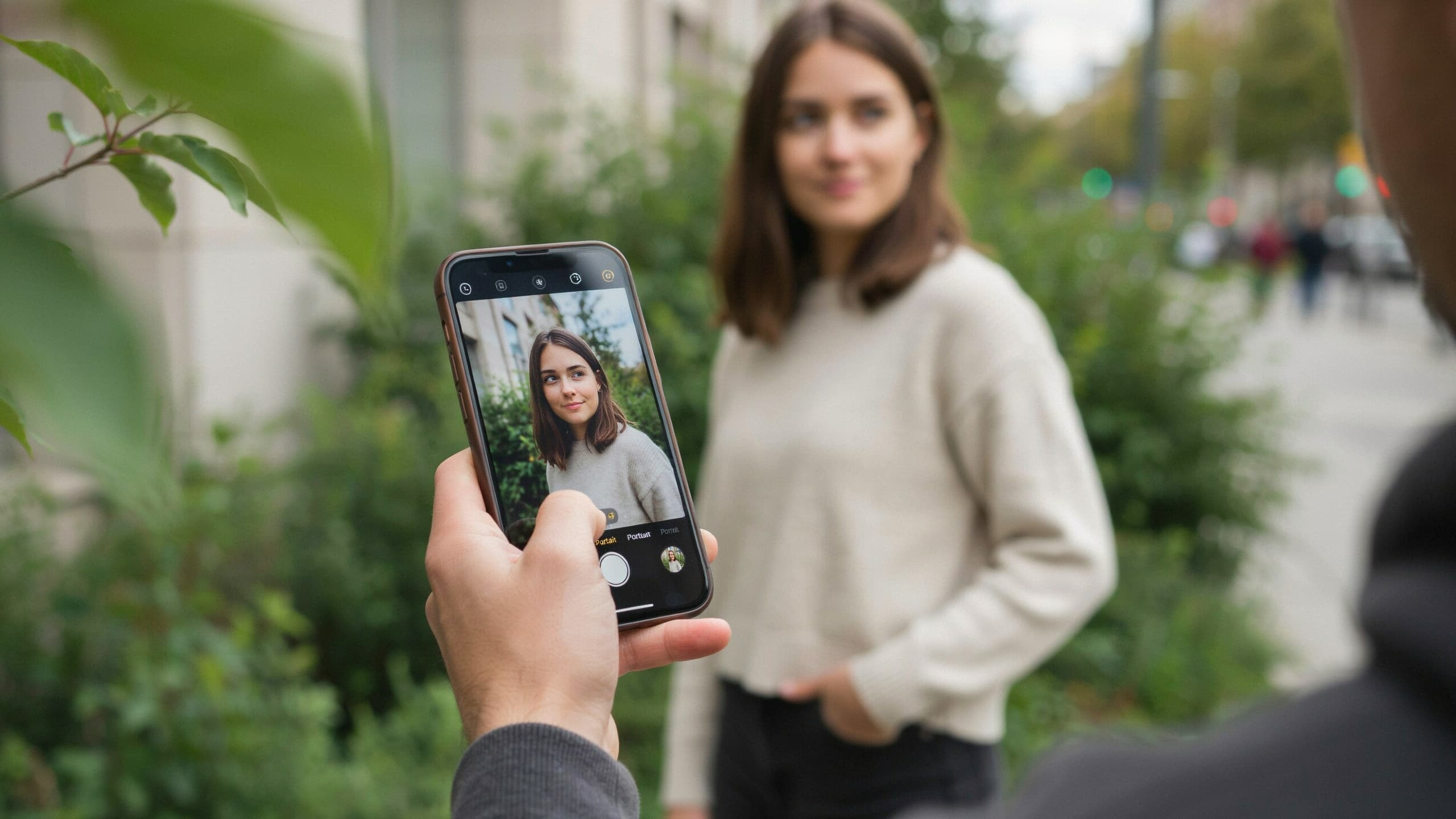 iphone camera interface showing portrait mode capturing a person with natural background blur