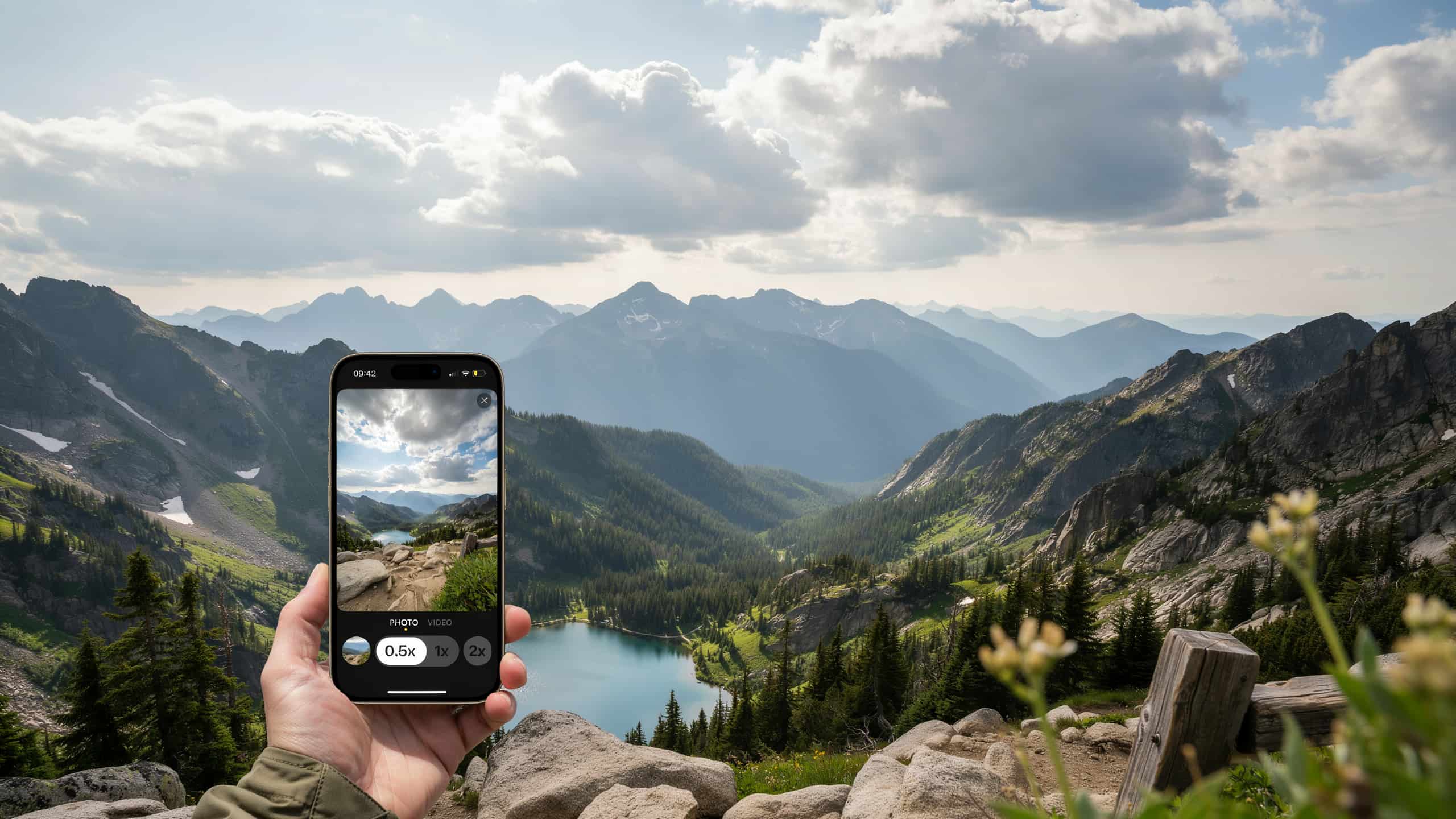 iphone camera screen showing ultra wide mode capturing a detailed landscape scene