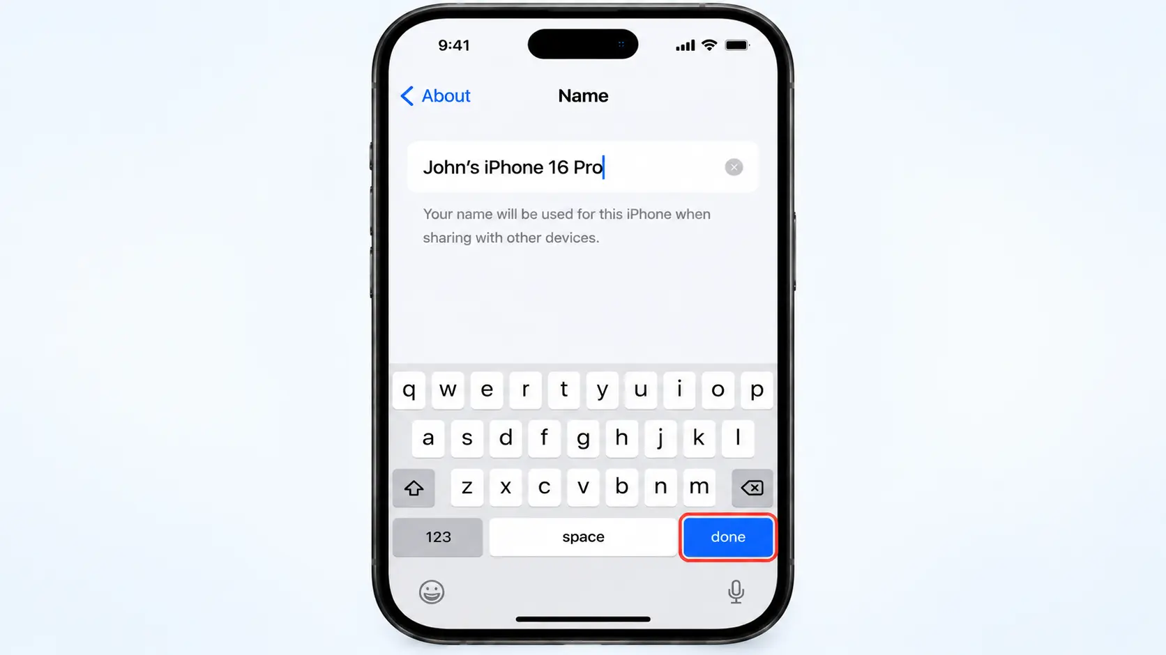 iphone name screen showing the done button to save a new device name