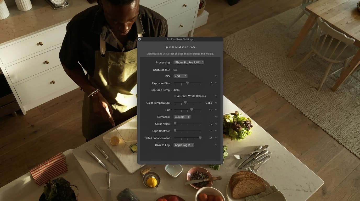 iphone pro camera capturing a scene with advanced prores raw settings shown for professional photography control