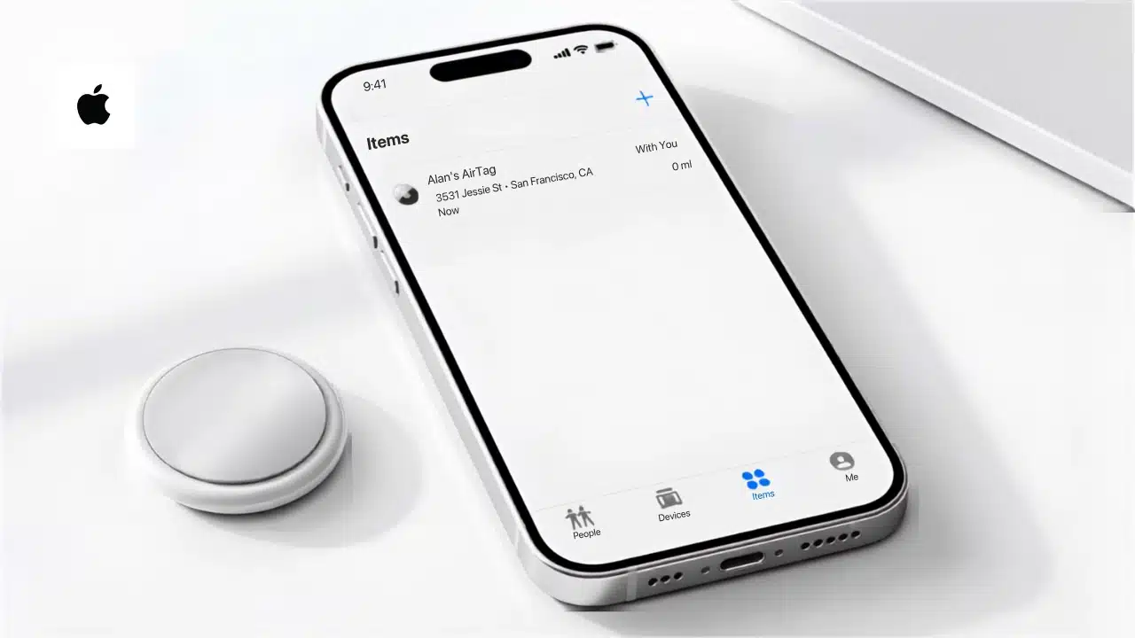 iphone showing find my app with connected airtag location and items tab for tracking setup confirmation