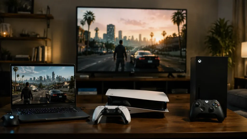 gaming setup with pc playstation and xbox devices showing gta online platform compatibility limits