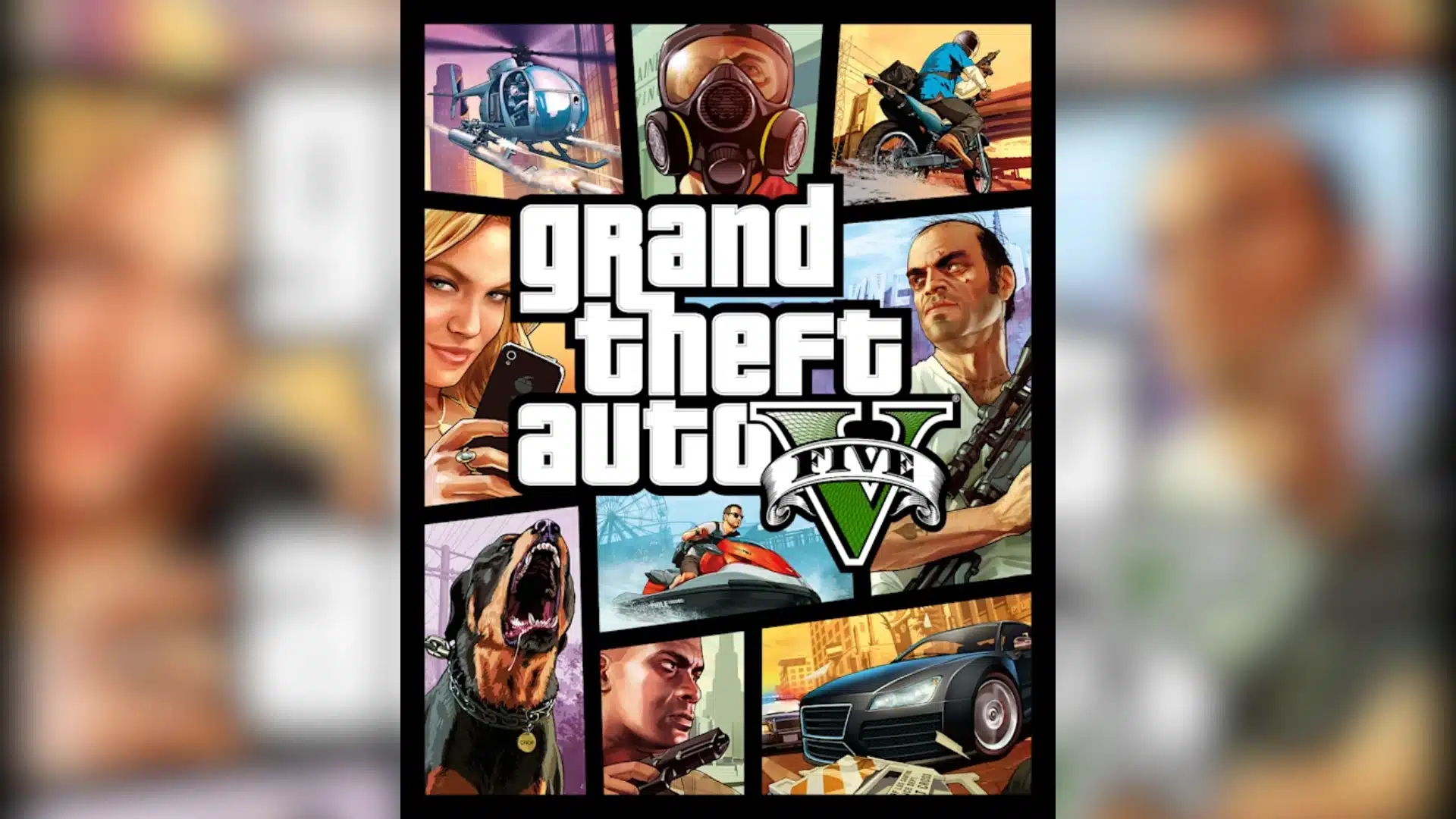 gta 5 cover artwork showing grand theft auto five characters vehicles and action scenes