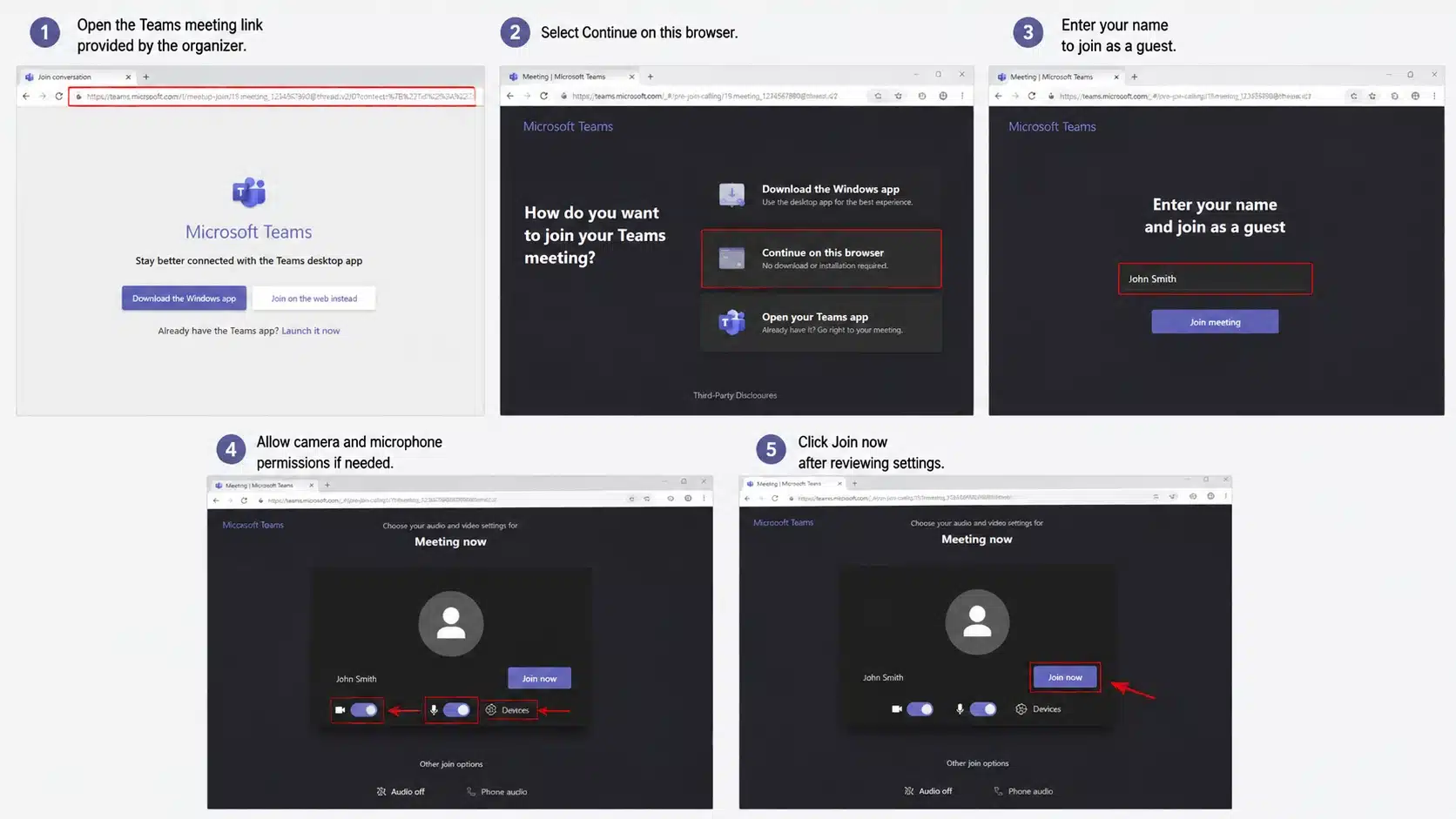 joining a teams meeting as guest using browser name camera settings and join now steps