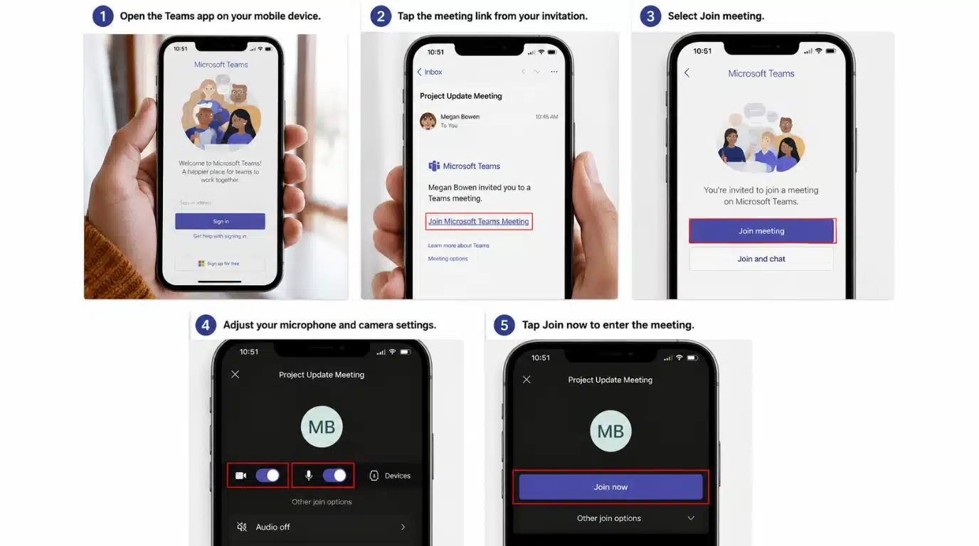 joining a teams meeting from mobile app with invitation link camera settings and join now steps