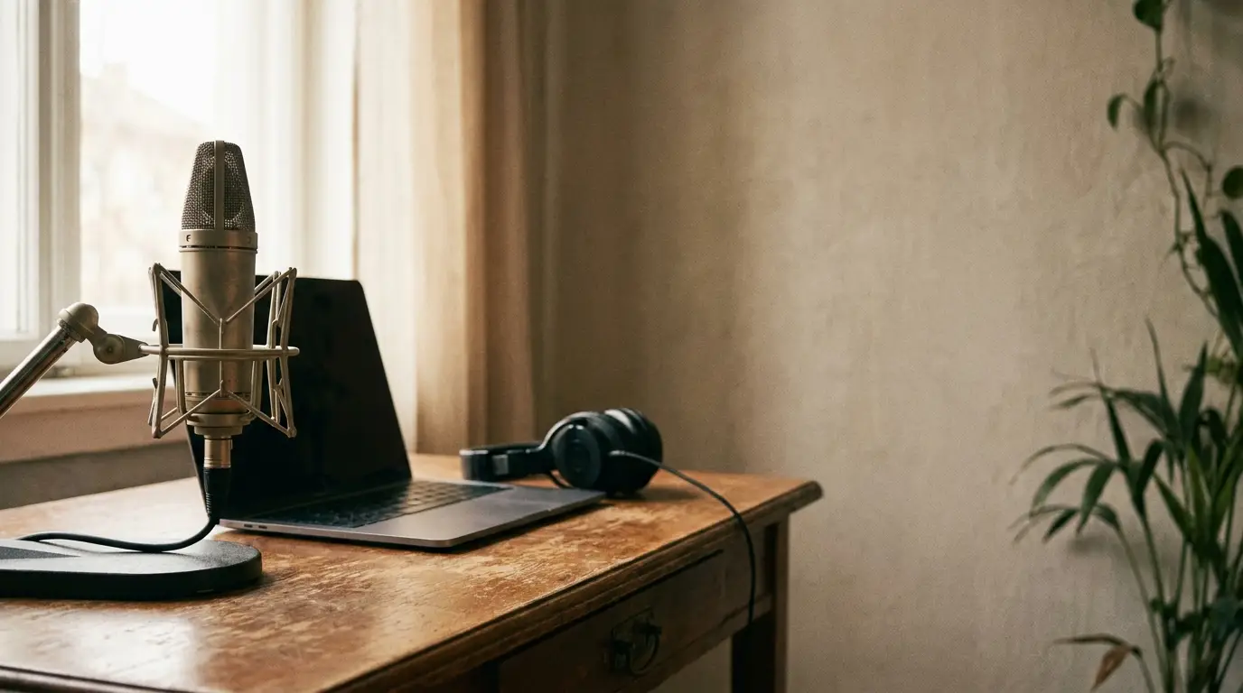 Microphone, laptop, and headphones on wooden desk near window and indoor plants