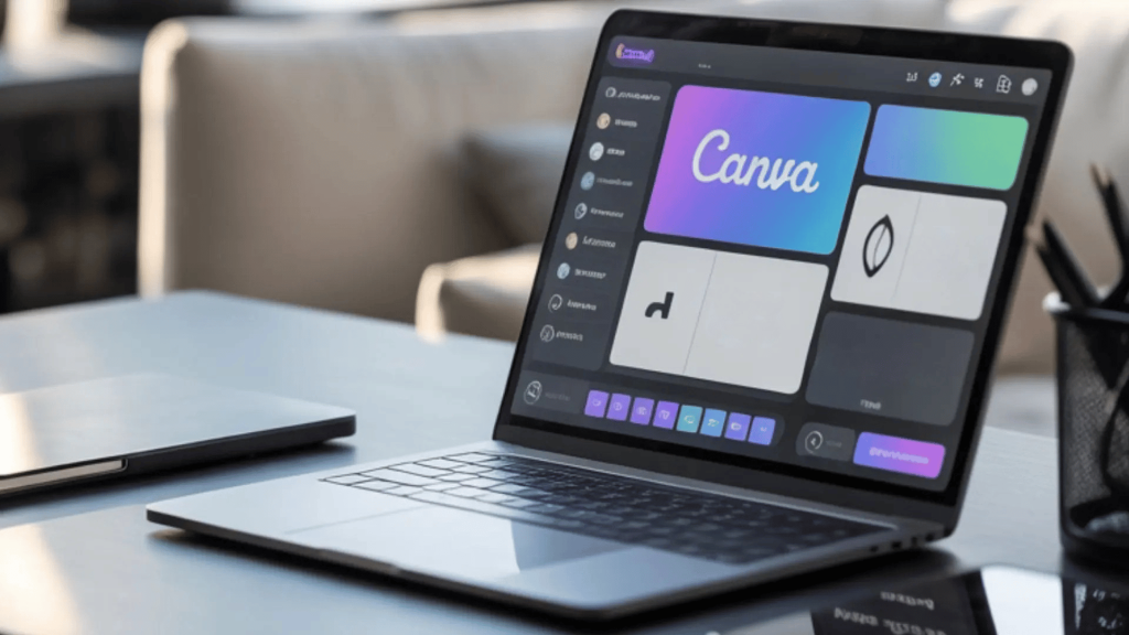 laptop screen displaying canva homepage with colorful font style previews including canva logo text, placed on a desk in a softly lit workspace setting