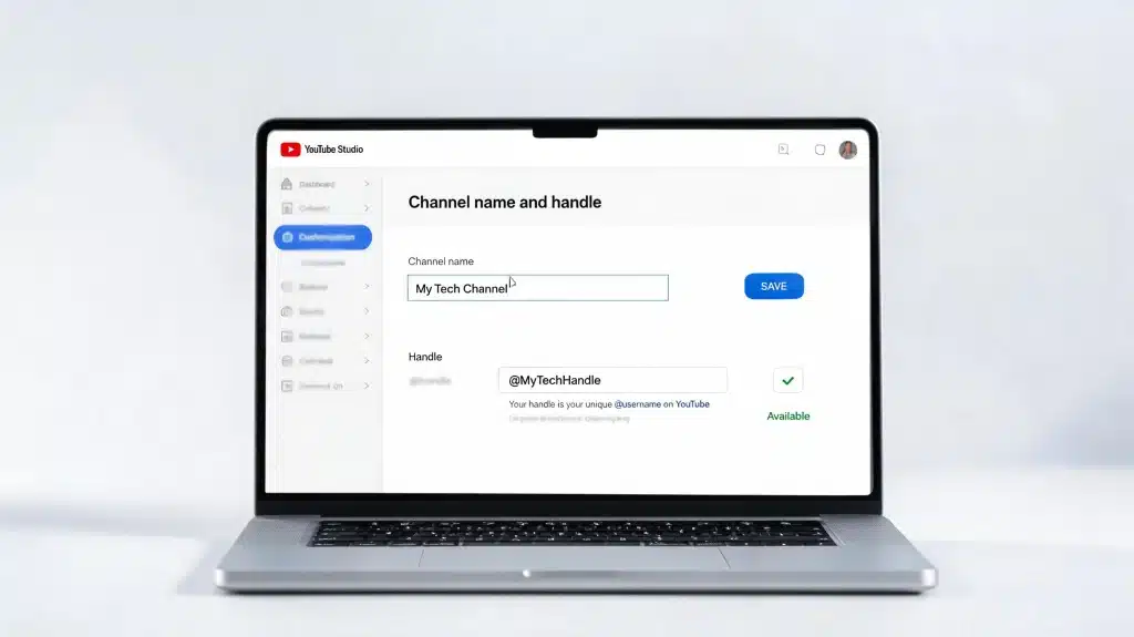 laptop screen showing youtube studio channel name and handle update settings page