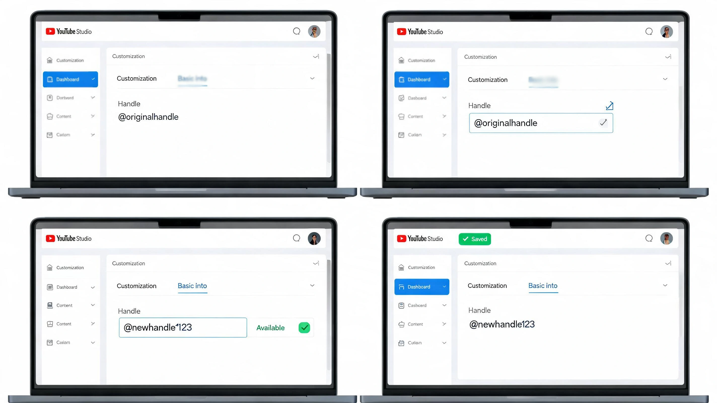 laptop screens showing youtube studio handle update and availability check steps
