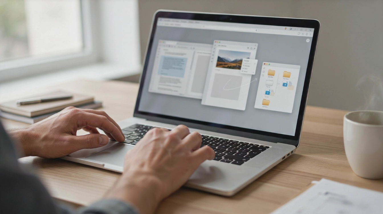 laptop showing text, image, and file copy workflows while hands use the keyboard and trackpad on a desk