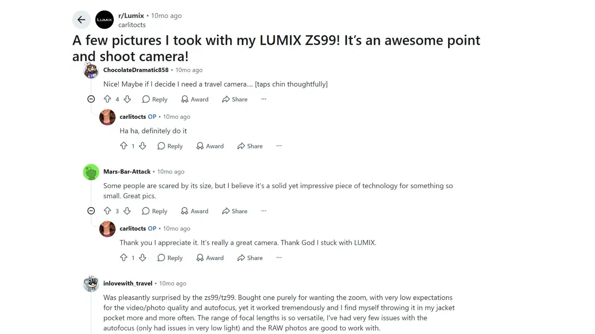 lumix zs99 user discussion showing real owner feedback about travel use zoom quality and camera experience