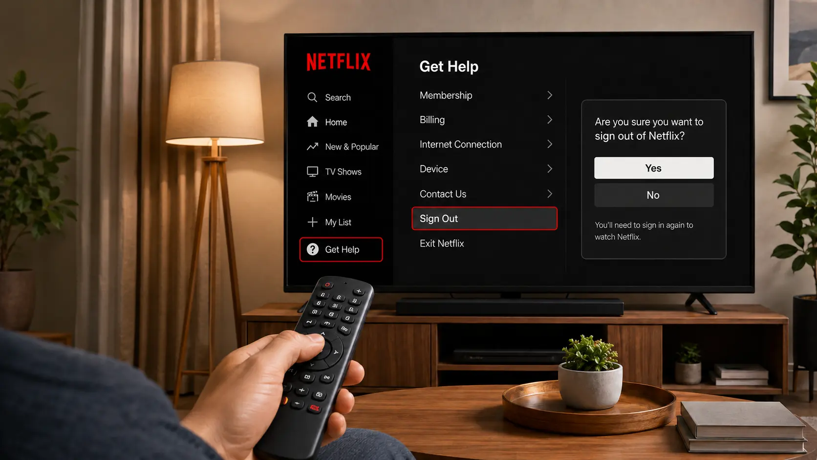 man holding a remote while viewing netflix get help menu with sign out option on tv in a cozy living room