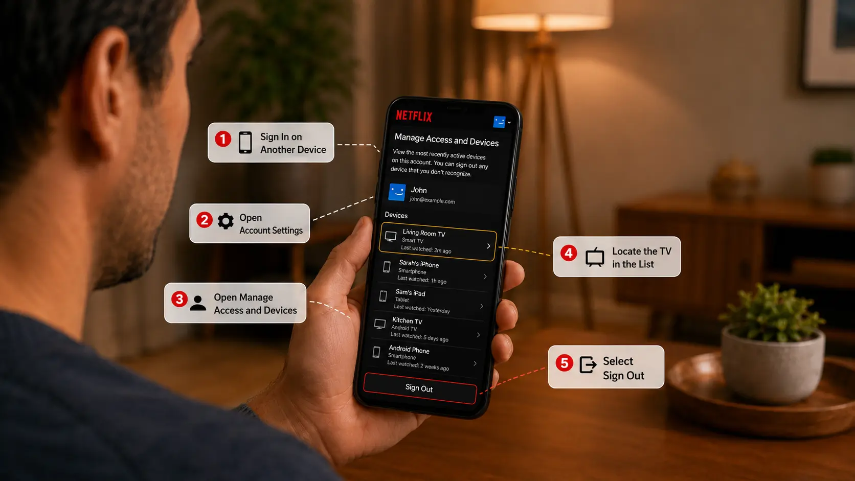 man holding a smartphone showing netflix manage access and devices screen with sign out option in a cozy living room