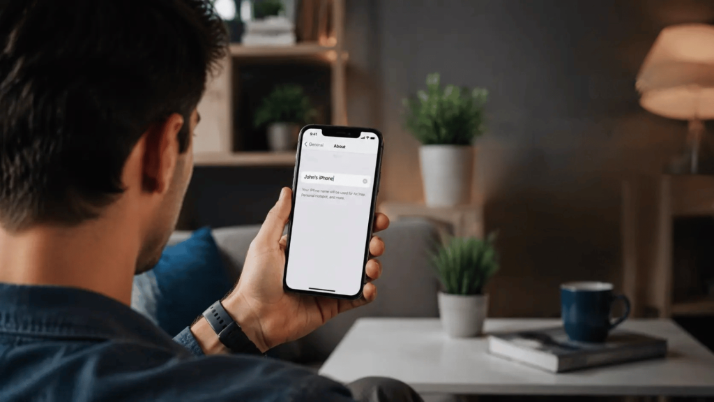 man holding iphone showing device name settings screen while changing iphone name