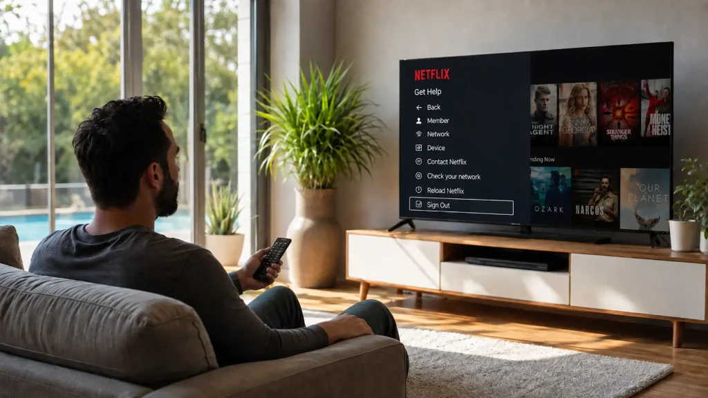 man holding one remote while viewing netflix sign out menu on a tv in a bright modern living room