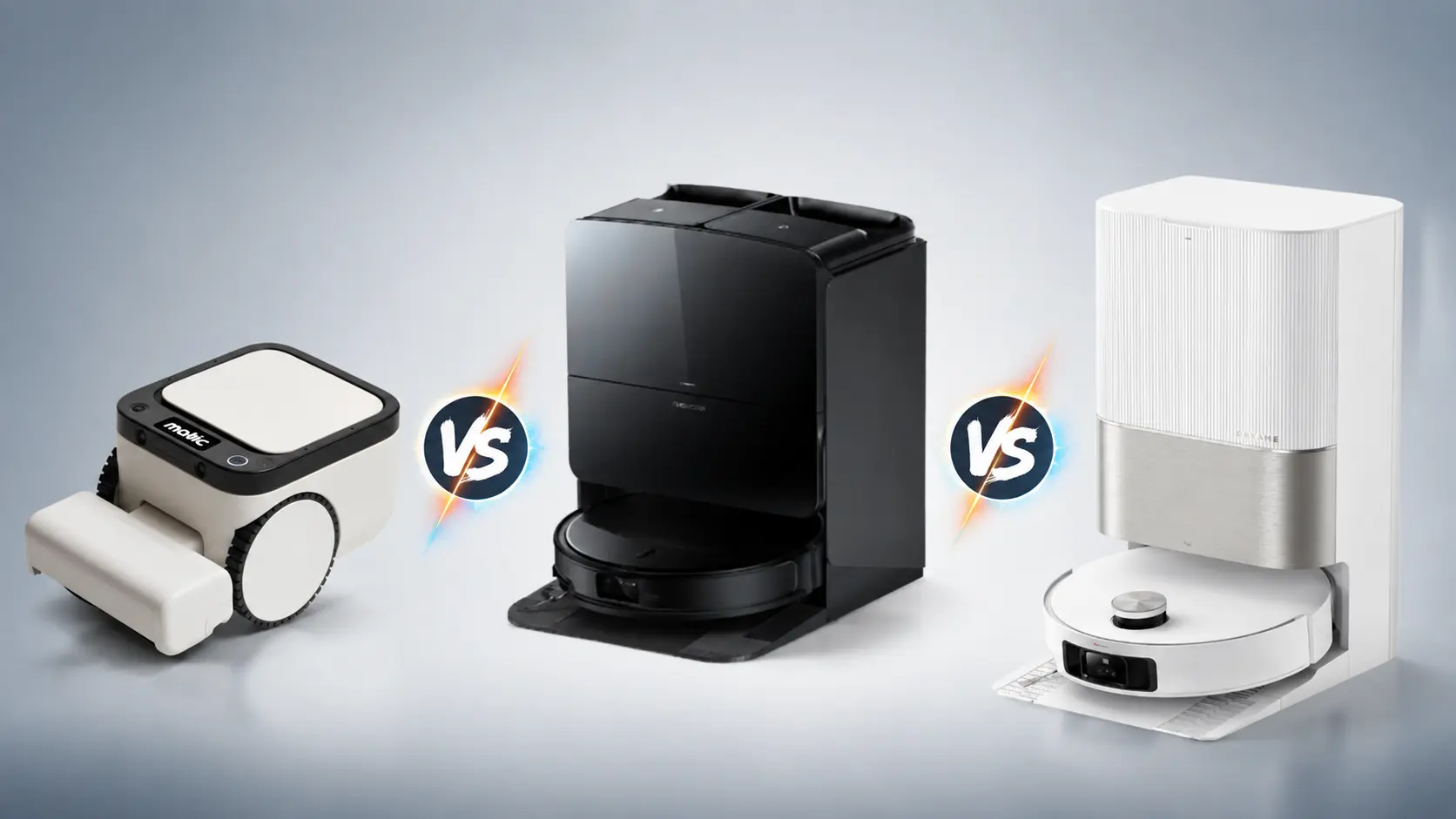 matic roborock and dreame robot vacuums compared with vs icons on a studio background