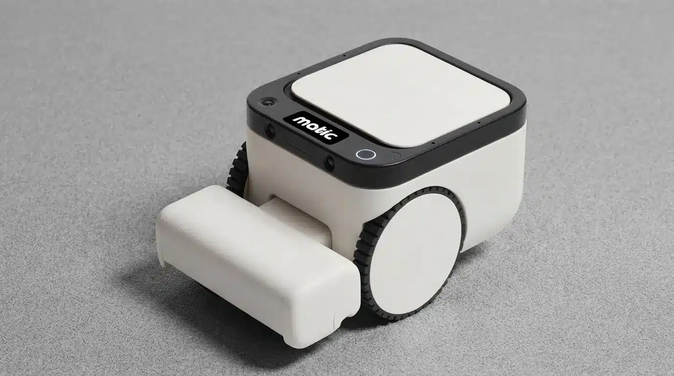 matic robot vacuum with white body and front cleaning attachment displayed on a carpeted floor
