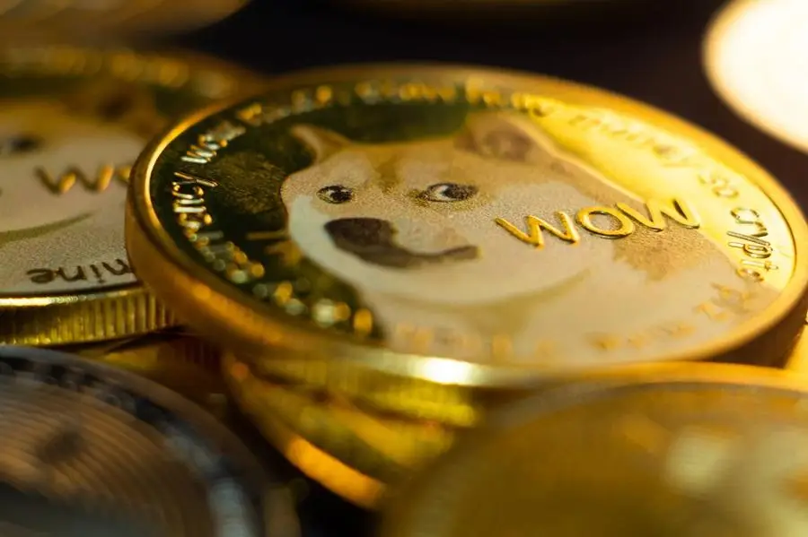 Gold Dogecoin coins with Shiba Inu design stacked in warm lighting