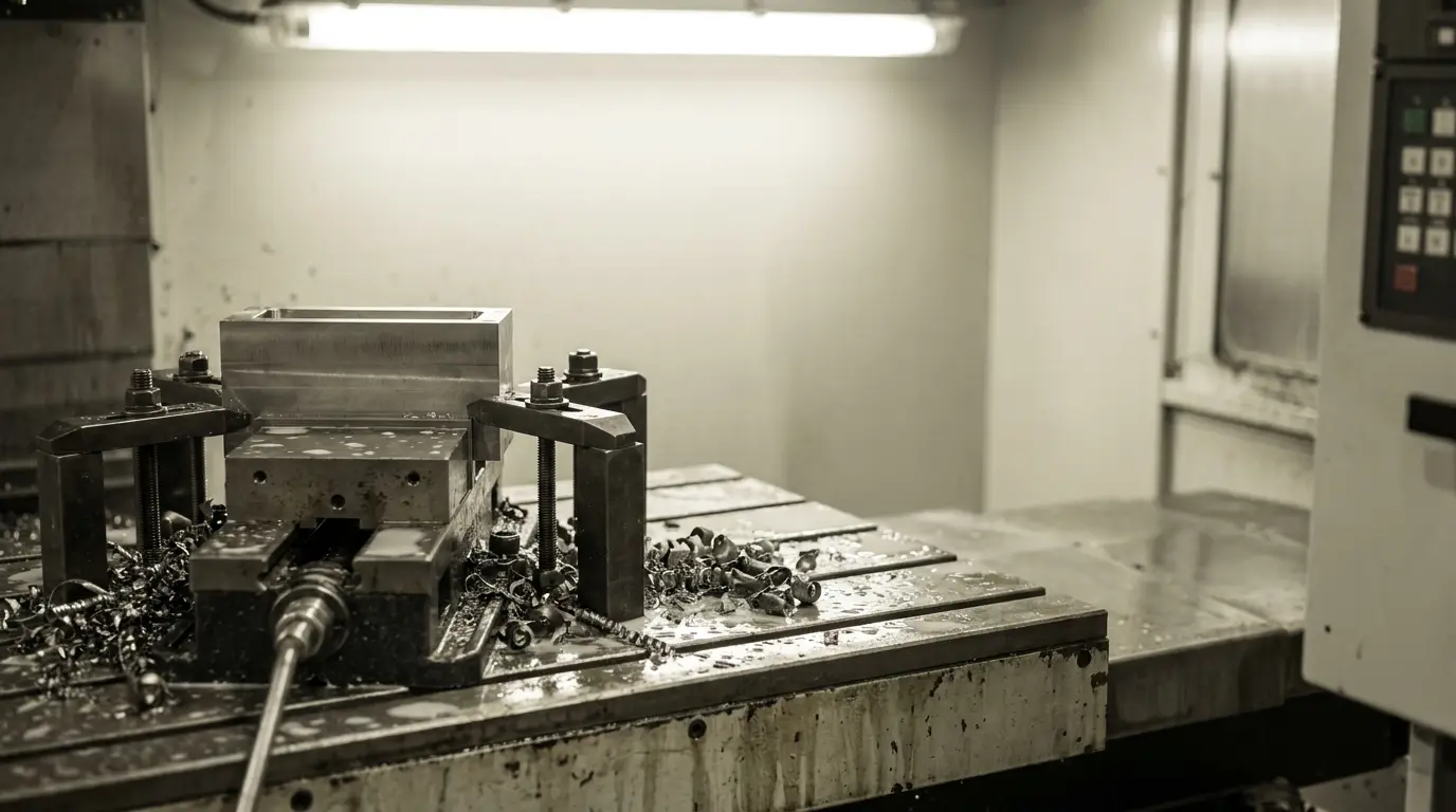 Metalworking lathe with metal shavings in industrial workshop under fluorescent lighting
