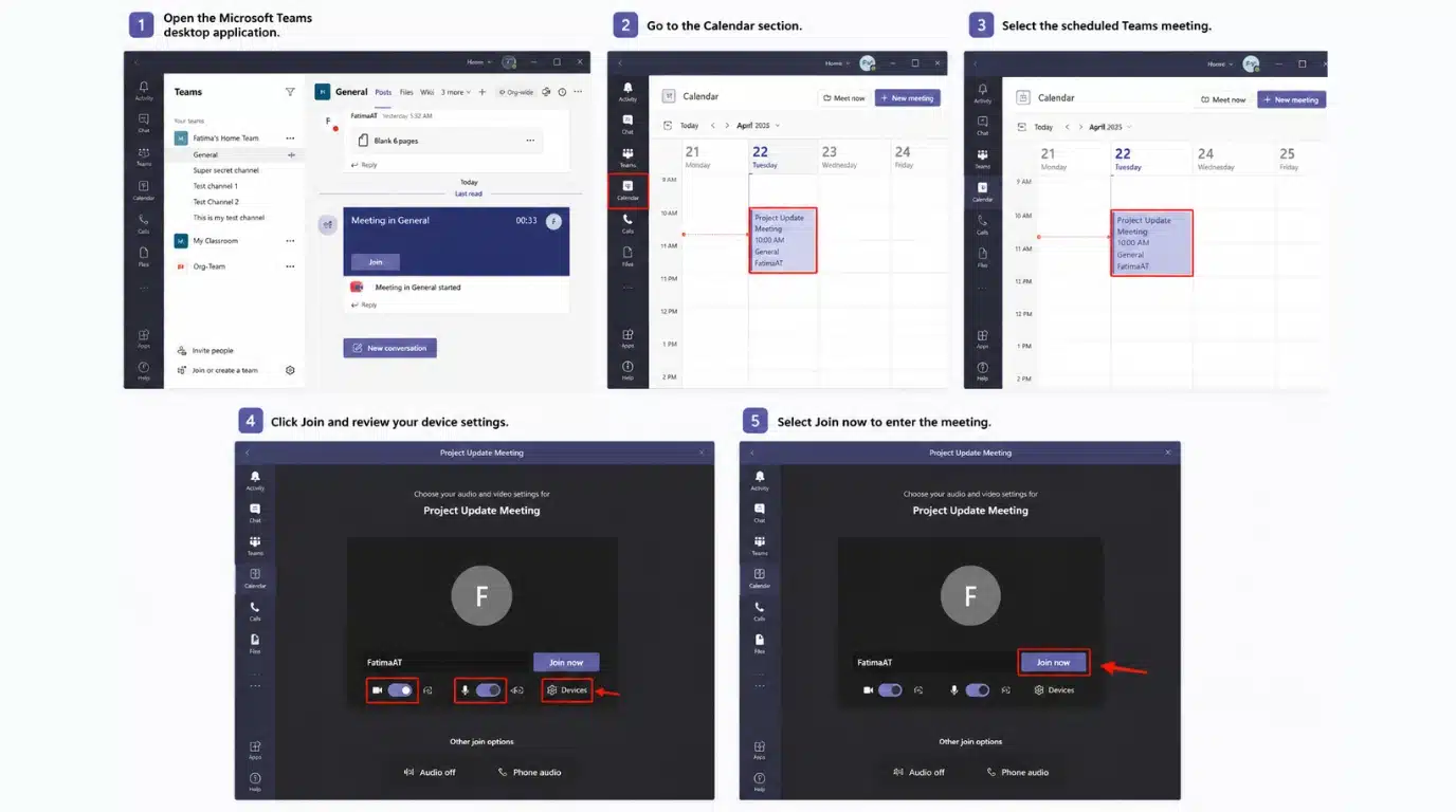 microsoft teams desktop app showing calendar meeting selection device settings and join now steps