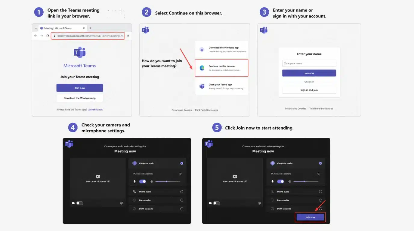 microsoft teams meeting join steps showing browser access and camera settings process