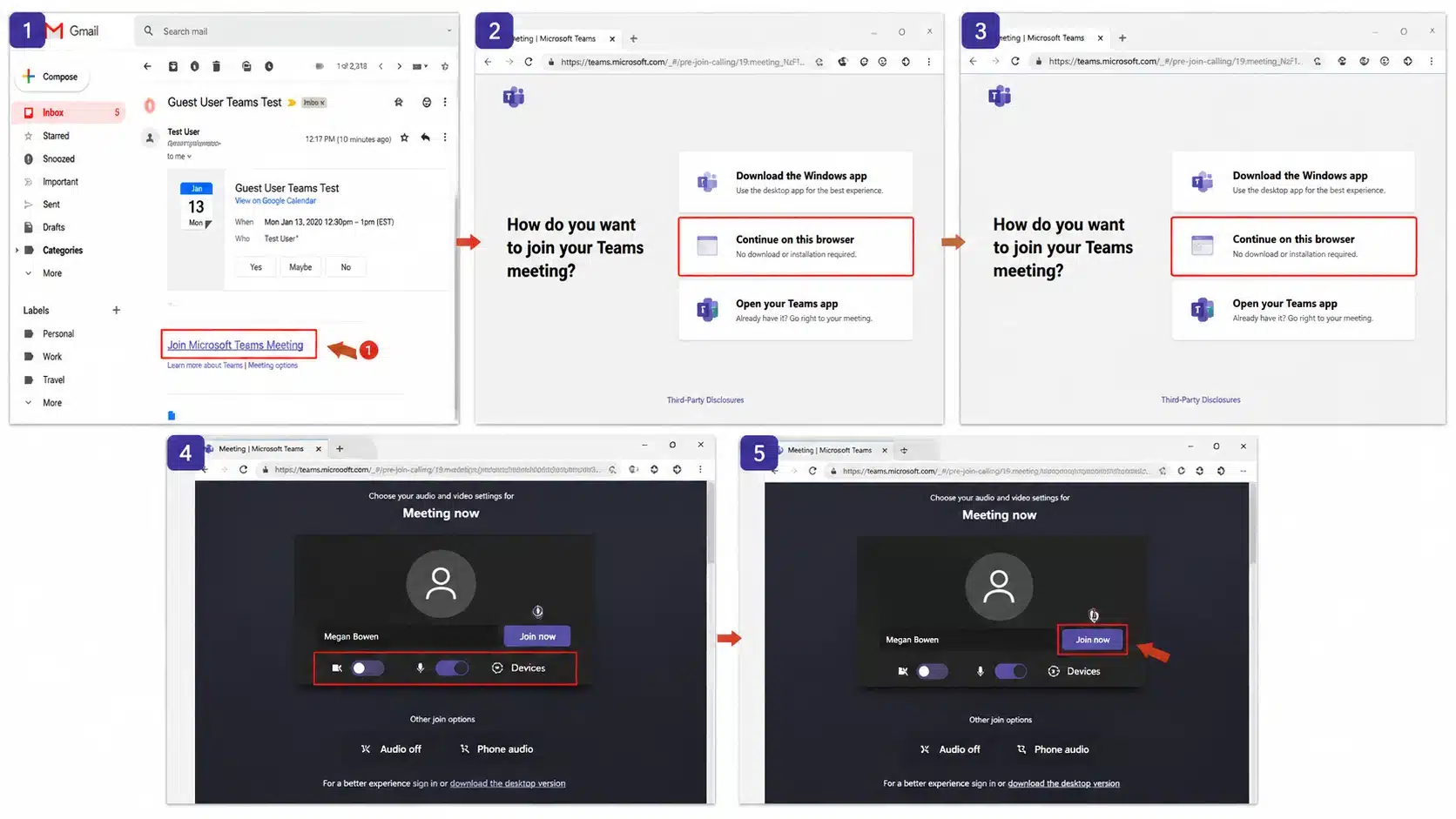 microsoft teams meeting join steps with invitation browser and audio settings