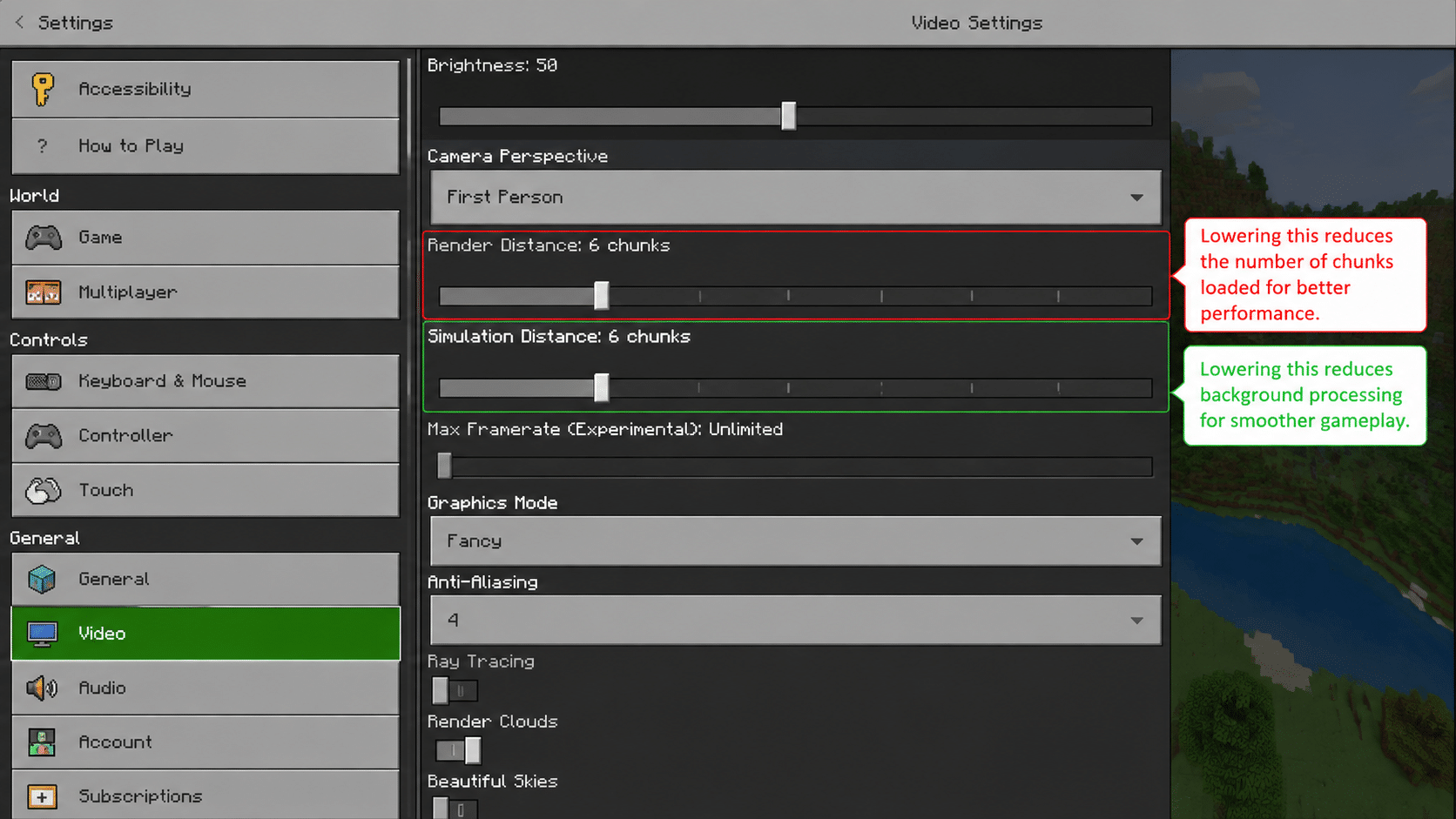 minecraft bedrock edition video settings render distance adjustment