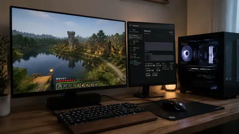minecraft gameplay running smoothly on a gaming computer with memory performance monitoring