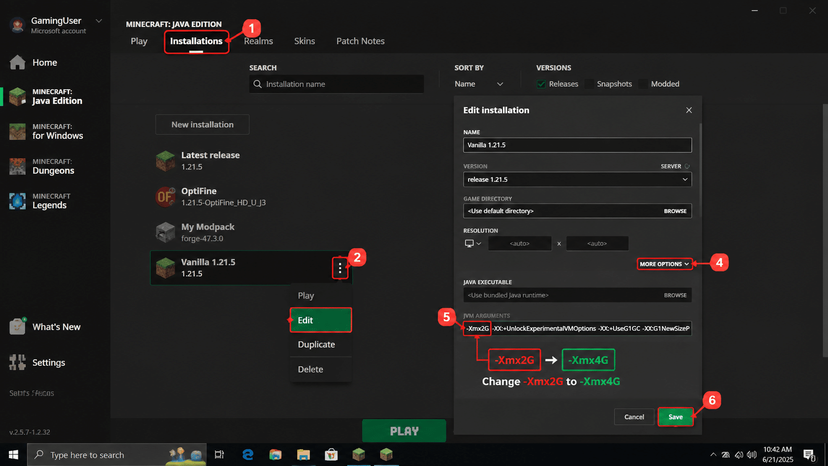 minecraft launcher java edition ram allocation settings with jvm arguments