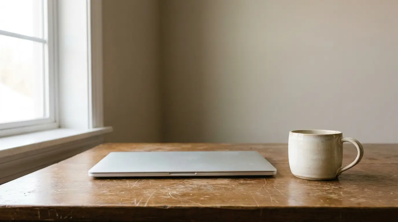 Laptop and ceramic mug on wooden table near window in minimalistic room