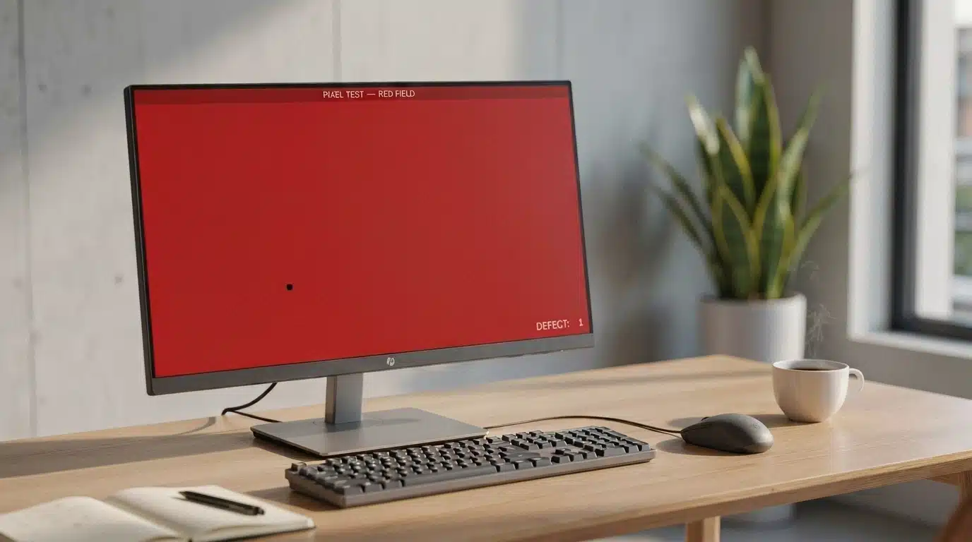 monitor displaying red pixel test screen with a black dead pixel defect during display inspection